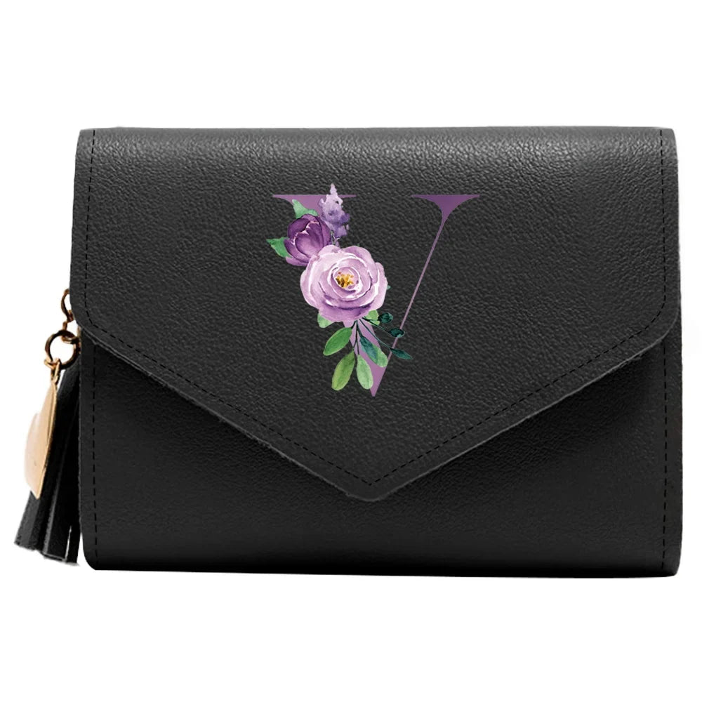 Women's RFID Leather Wallet - Compact Luxury Mini Purse With ID Window, Purple Letter Pattern & Card Holder Design