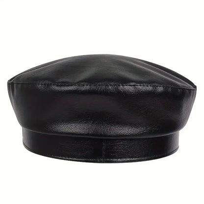 Fashion Women’s & Men’s Leather Sailor Hat – Large Belt Buckle Beret, Flat Top Captain Military Cap for Spring & Autumn