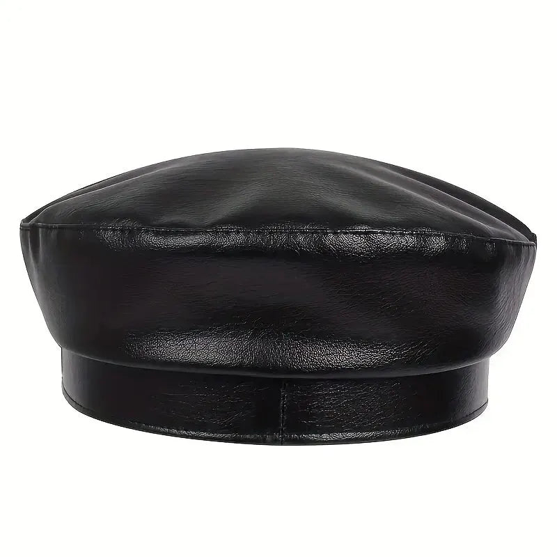 Large Buckle Leather Beret Hat - Fashion Sailor Military Cap for Women and Men