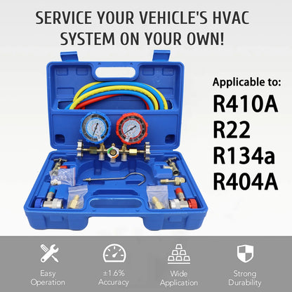 Refrigerant Manifold Gauge Kit - Automotive AC Charging Tool for R410A R22 R134A R404A