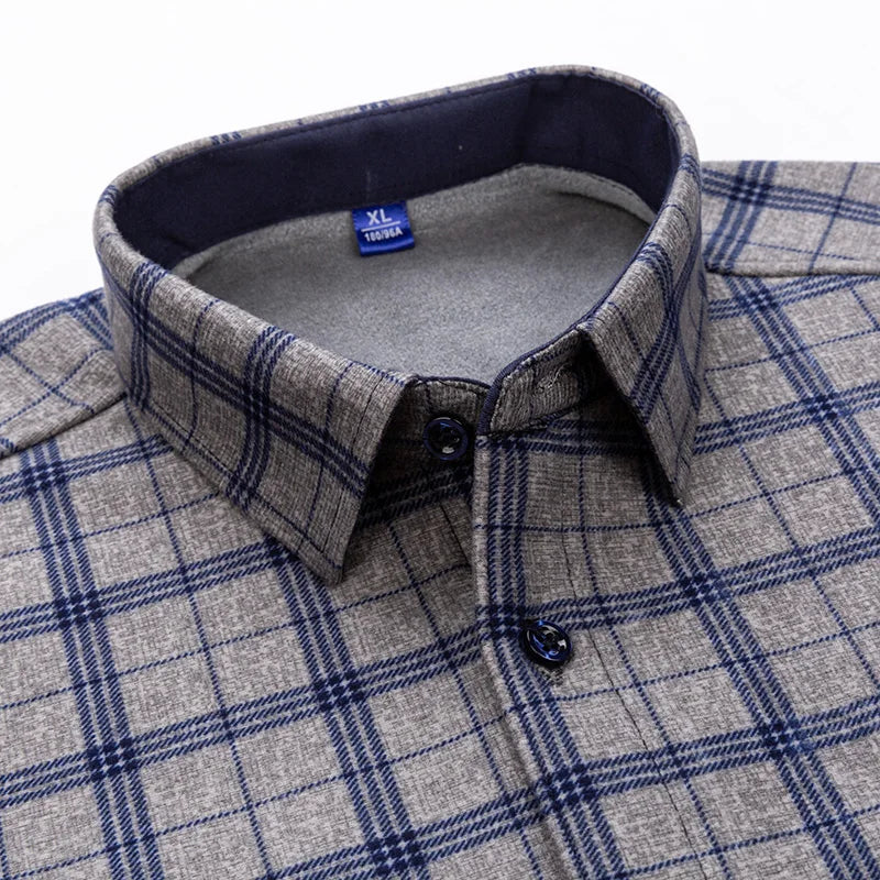 Men’s Fleece Plaid Shirt - Warm Thick Long Sleeve Business Check Shirt with Single Pocket for Autumn & Winter