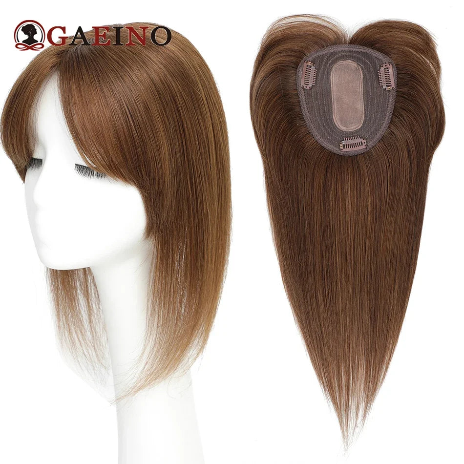 Straight Human Hair Topper With Bangs - Silk Base Clip In Real Hair Extension For Women Chocolate Brown Light Brown