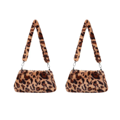 Women’s Leopard Plush Shoulder Bag - Animal Print Underarm Crossbody Messenger Bag for Casual Everyday Style