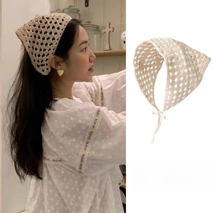 Women’s Beige Crochet Hair Scarf - Sheer Mesh Triangle Bandana Retro Headwrap & Neck Accessory