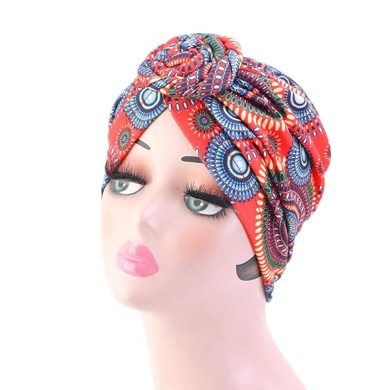 African Floral Pleated Turban - Elegant Knot Flower Beanie Head Wrap for Women, Bandana & Head Cover