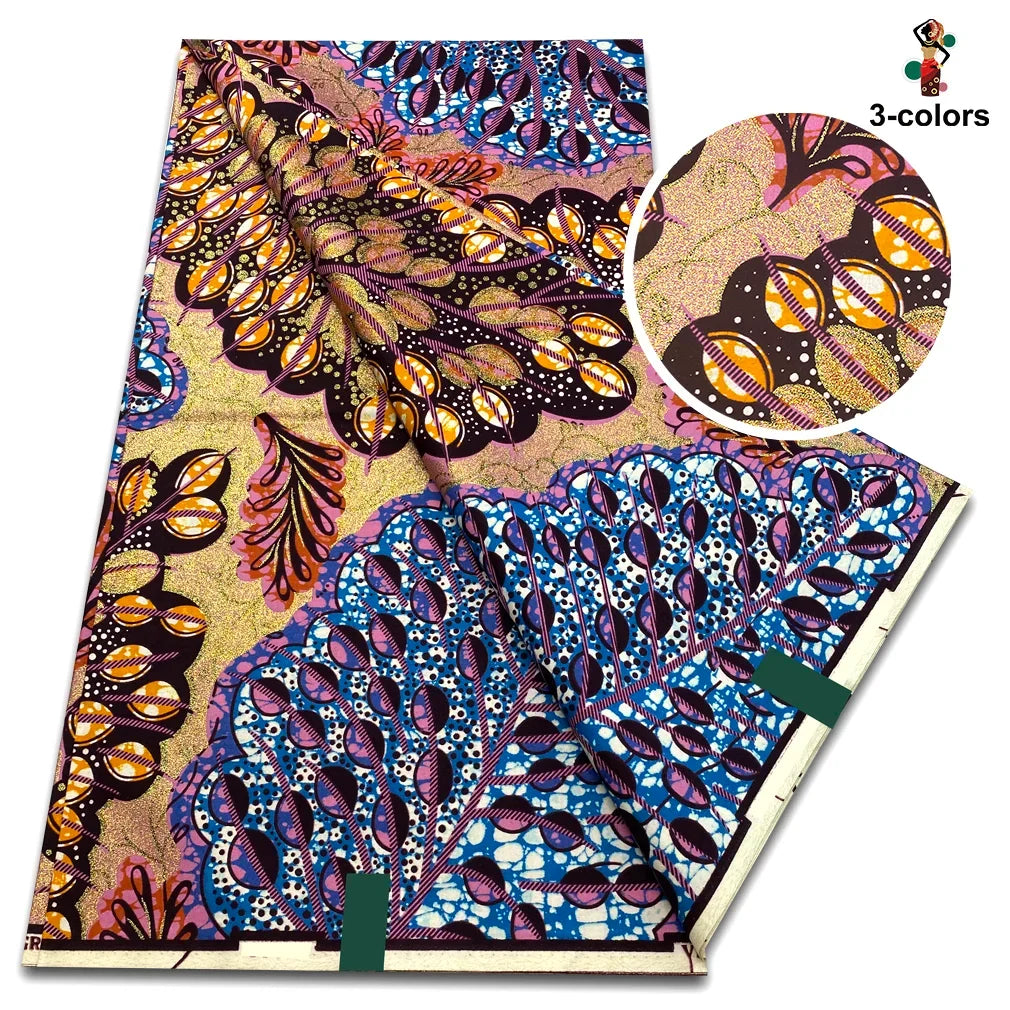 African Glitter Golden Wax Fabric - Nigerian Ankara Gold Print 6 Yards Sewing Material