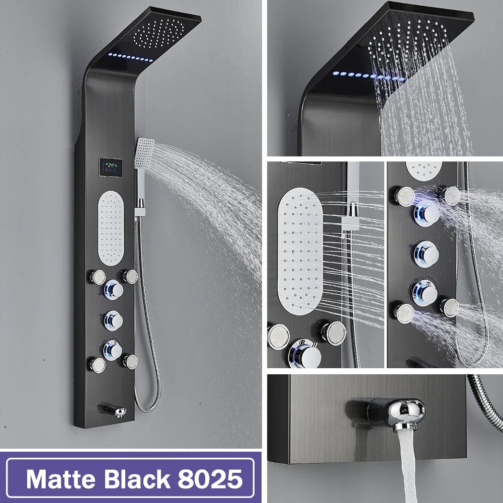 LED Waterfall Shower Panel System - Black In-Wall Rain Shower with Spa Massage Sprayer & Bidet Tap