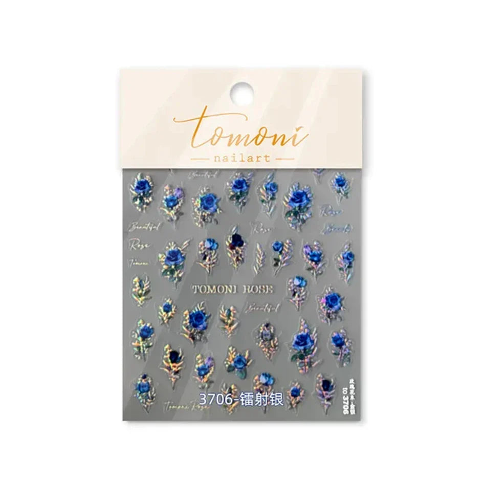 Vintage Rose Flower Nail Stickers – Red & Blue Laser Gold/Silver Nail Art Decals for Manicure Design DIY Beauty Tool