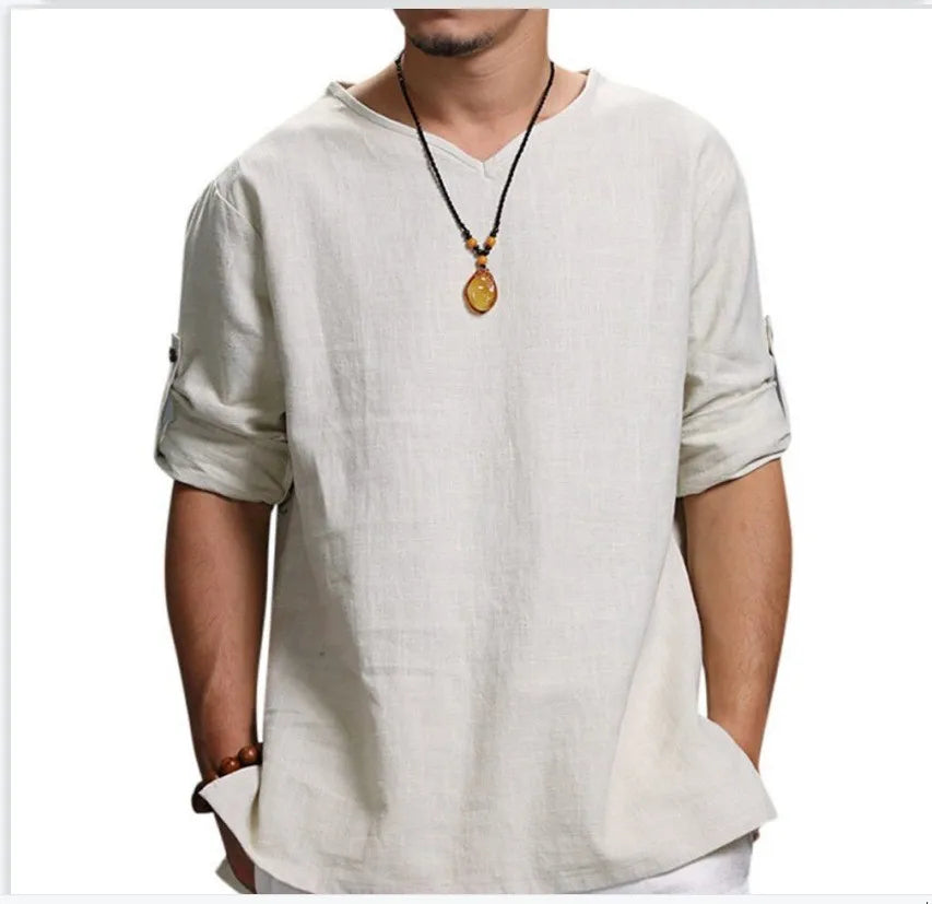 Men’s 3/4 Sleeve Casual Shirt - Loose Fit Solid Color Pullover Top