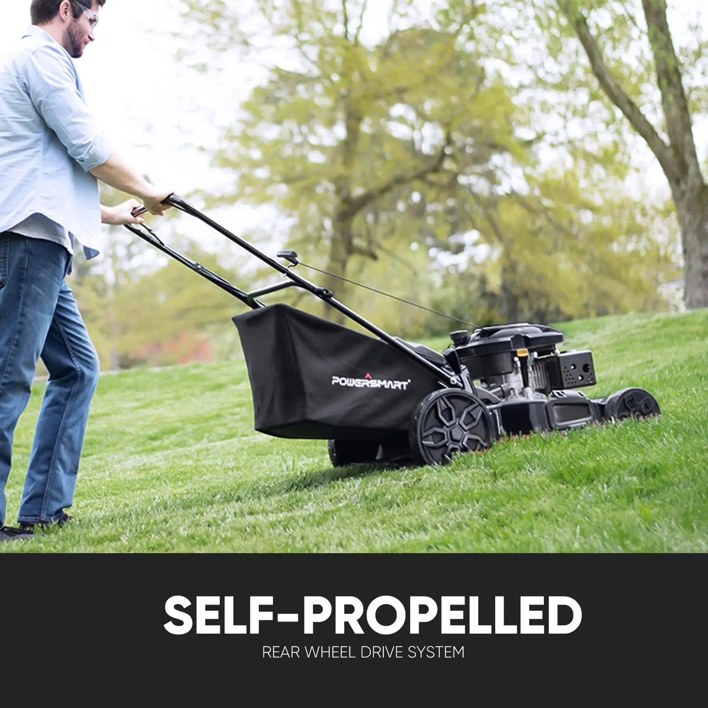 Self-Propelled Gas Lawn Mower — 22" 170CC OHV Engine, 3-in-1, Rear-Wheel Drive, 6-Position Height Adjustment