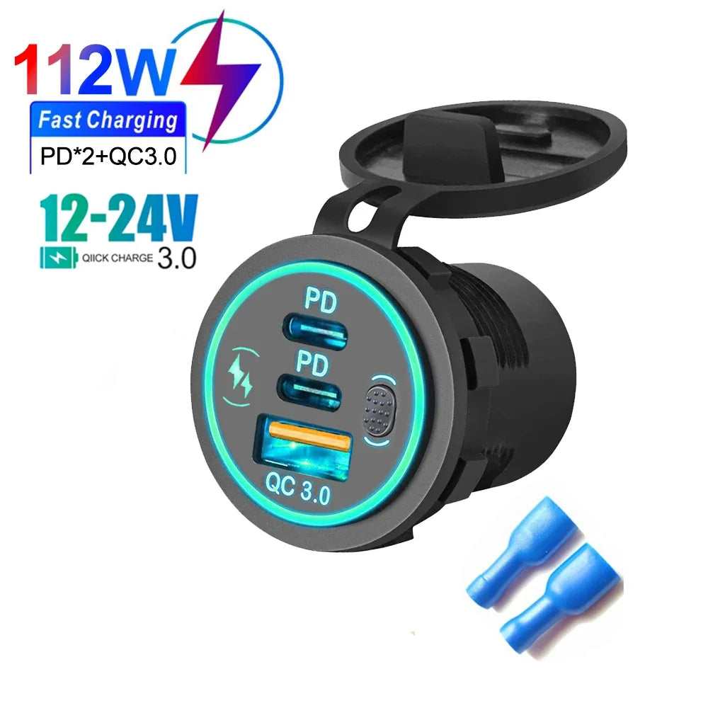 78W Dual USB C Car Charger Socket - PD3.0 & QC3.0 Fast Charging Adapter with LED Touch Switch for 12V/24V Vehicles