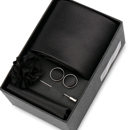 Elegant Men’s Necktie Gift Set - Fashion Tie with Handkerchief, Cufflinks & Brooch Pin Accessories for Business & Wedding