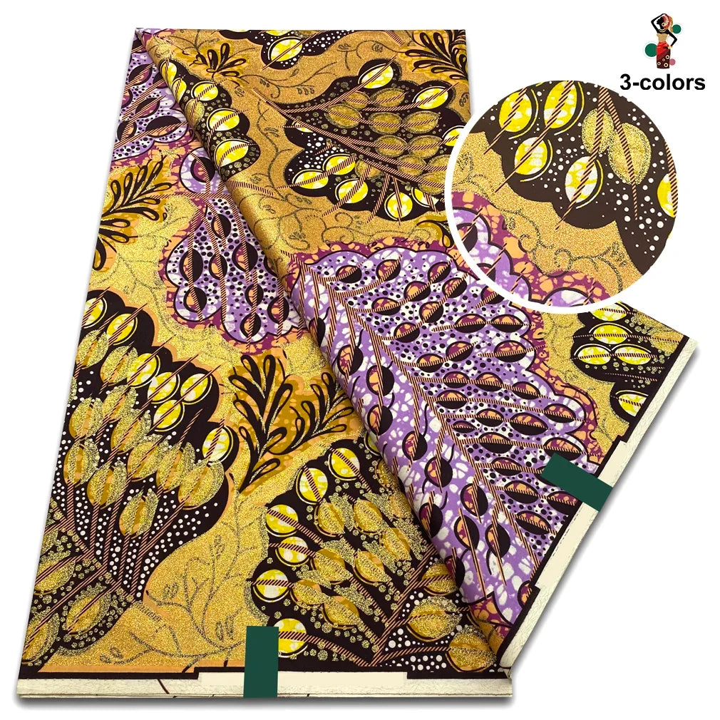 African Glitter Golden Wax Fabric - Nigerian Ankara Gold Print 6 Yards Sewing Material