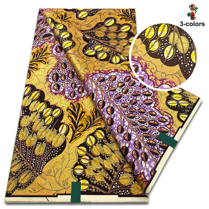 African Glitter Golden Wax Fabric - Nigerian Ankara Gold Print 6 Yards Sewing Material