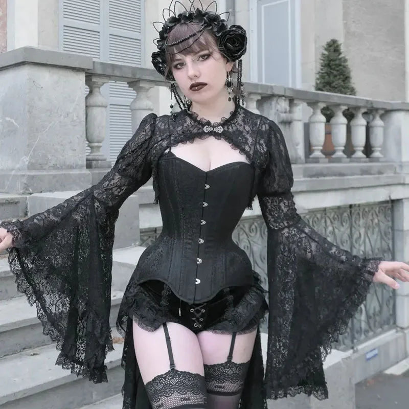 Lace Gothic See-Through Shrug Top – Black Flare Sleeve Crop Top, Vintage Punk Style for Women