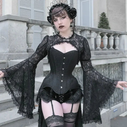 Lace Gothic See-Through Shrug Top – Black Flare Sleeve Crop Top, Vintage Punk Style for Women