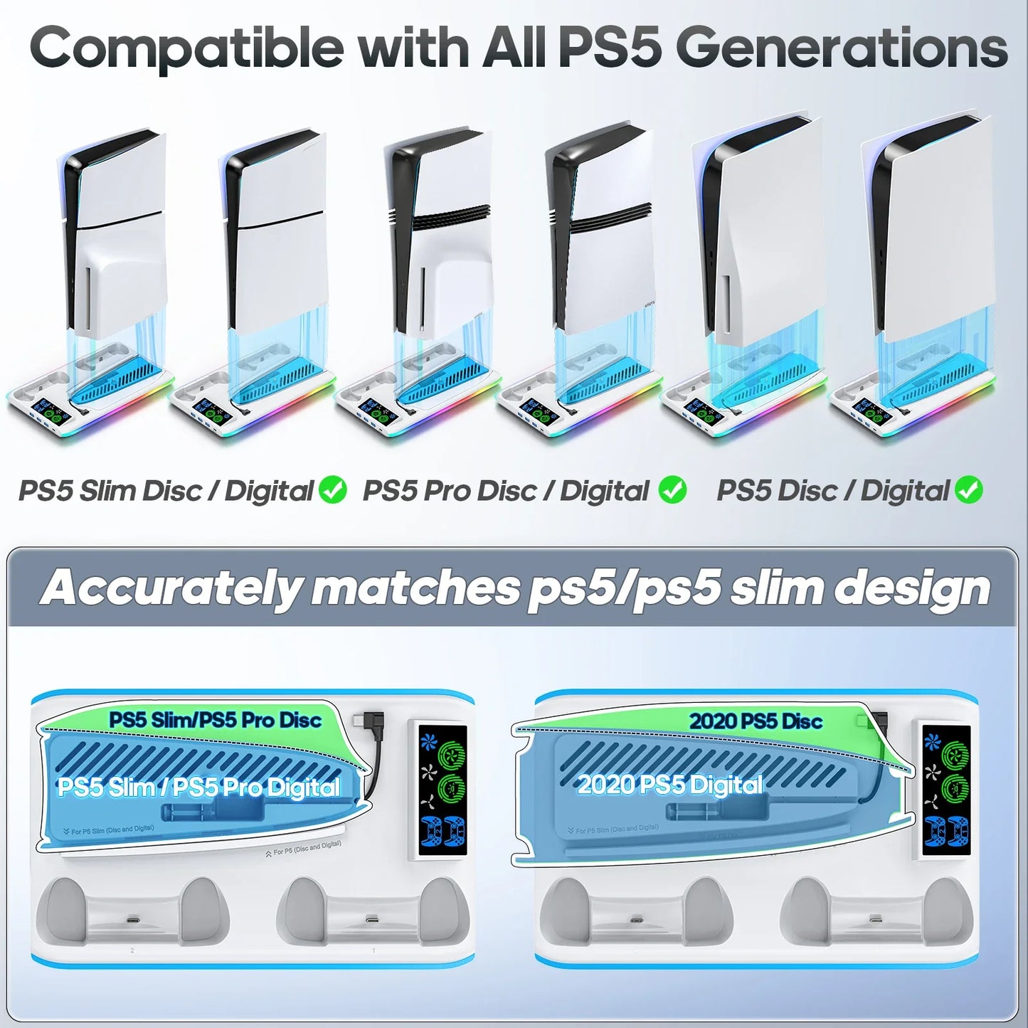 PS5/PS5 Slim/PS5 Pro Stand – Cooling Stand with Headphone Hook, Controller Charging Station & 3-Level Cooling Fan