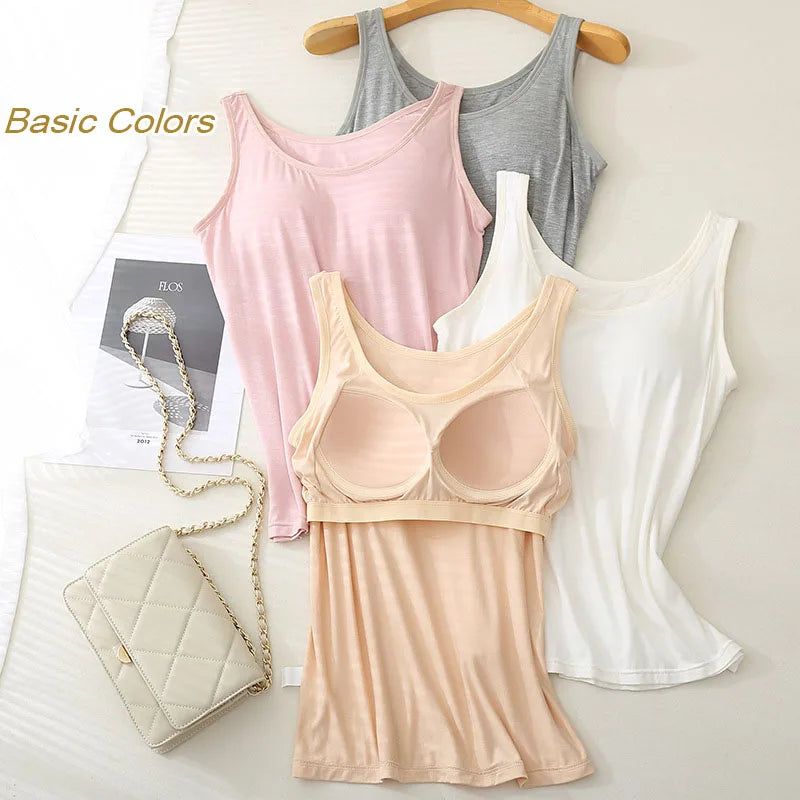 Women’s Modal Plus Size Tank Top - Soft Built-In Chest Pad Camisole with Comfortable Integrated Wear-Free Support