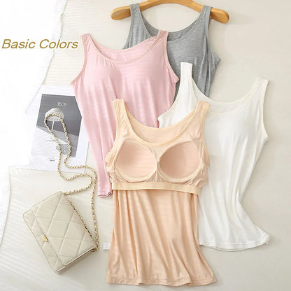 Women’s Modal Plus Size Tank Top - Soft Built-In Chest Pad Camisole with Comfortable Integrated Wear-Free Support