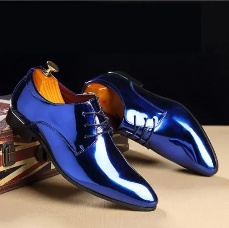 Fashion Patent Leather Men’s Wedding Oxfords - Designer Pointed Toe Dress Shoes Gold Blue Red White Sizes 37-48