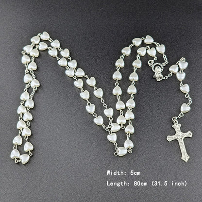 White Heart Rosary Necklace – Virgin Mary Cross INRI Pendant Long Chain Religious Prayer Jewelry for Men & Women Accessories