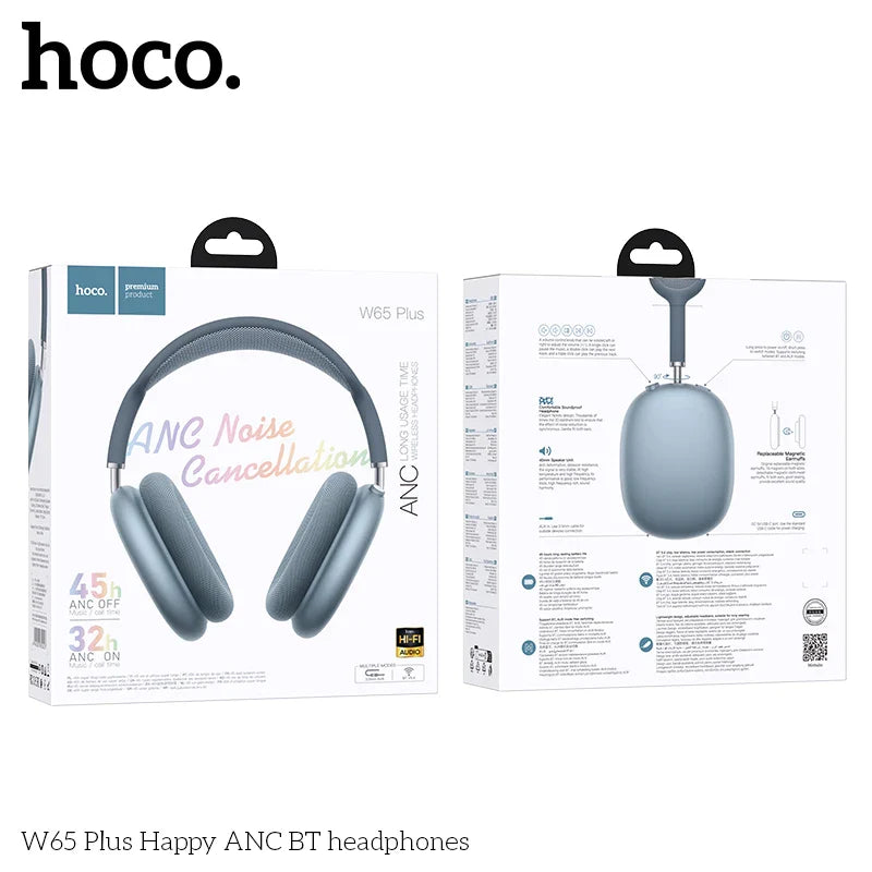 HOCO W65 Plus ANC Bluetooth Headphones – Over-Ear Wireless HiFi Sport Headset with Noise Reduction & Control Button