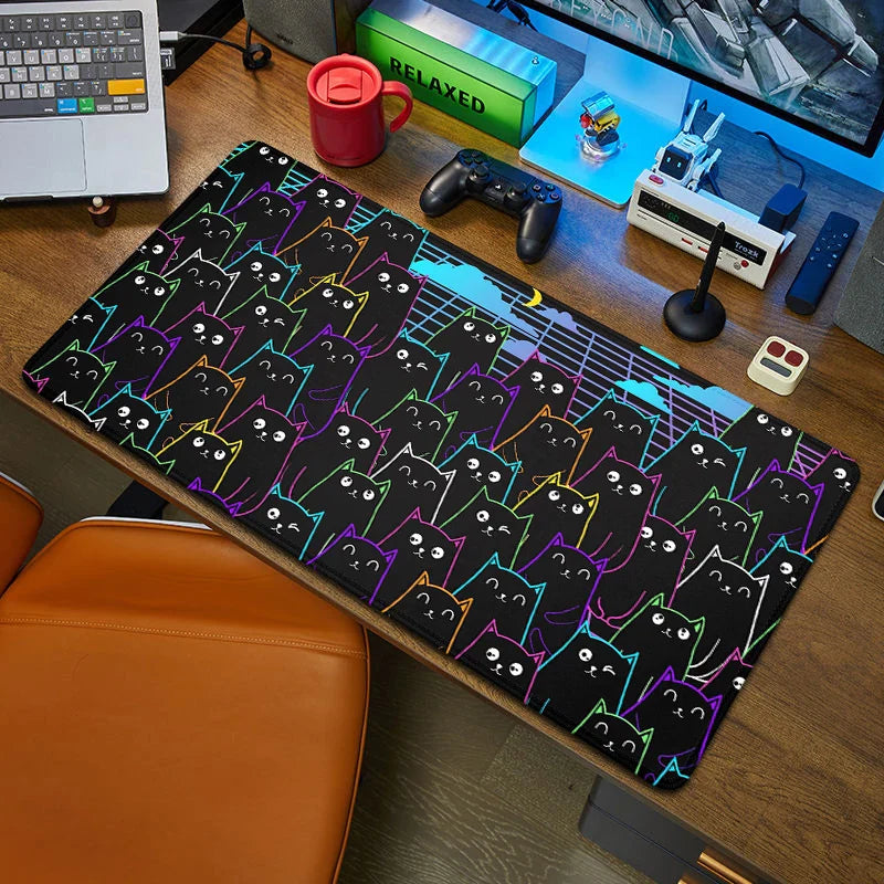 Black Cat XXL Mouse Pad 90x40 — Large Kawaii Black & White Desk Mat for Computer and Office