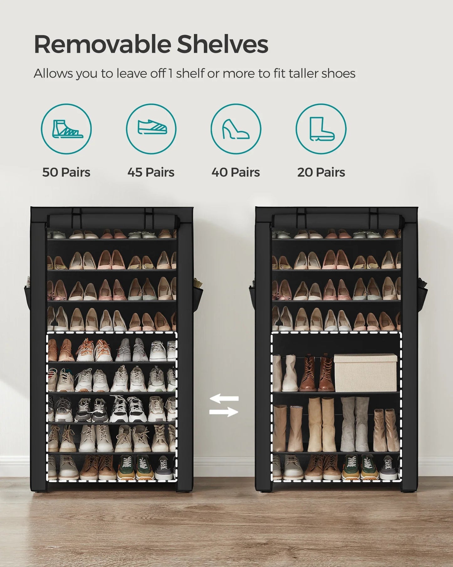 SONGMICS 9-Tier Shoe Rack – Nonwoven Fabric Covered Shoe Organizer for 40-50 Pairs, Entryway Storage Shelf