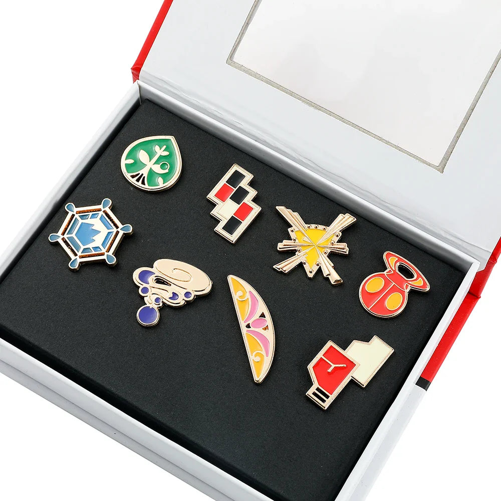 Anime League Gym Badge Set – Metal Brooches from Sinnoh, Johto, Hoenn & Indigo with Pikachu & Squirtle Figure Toys