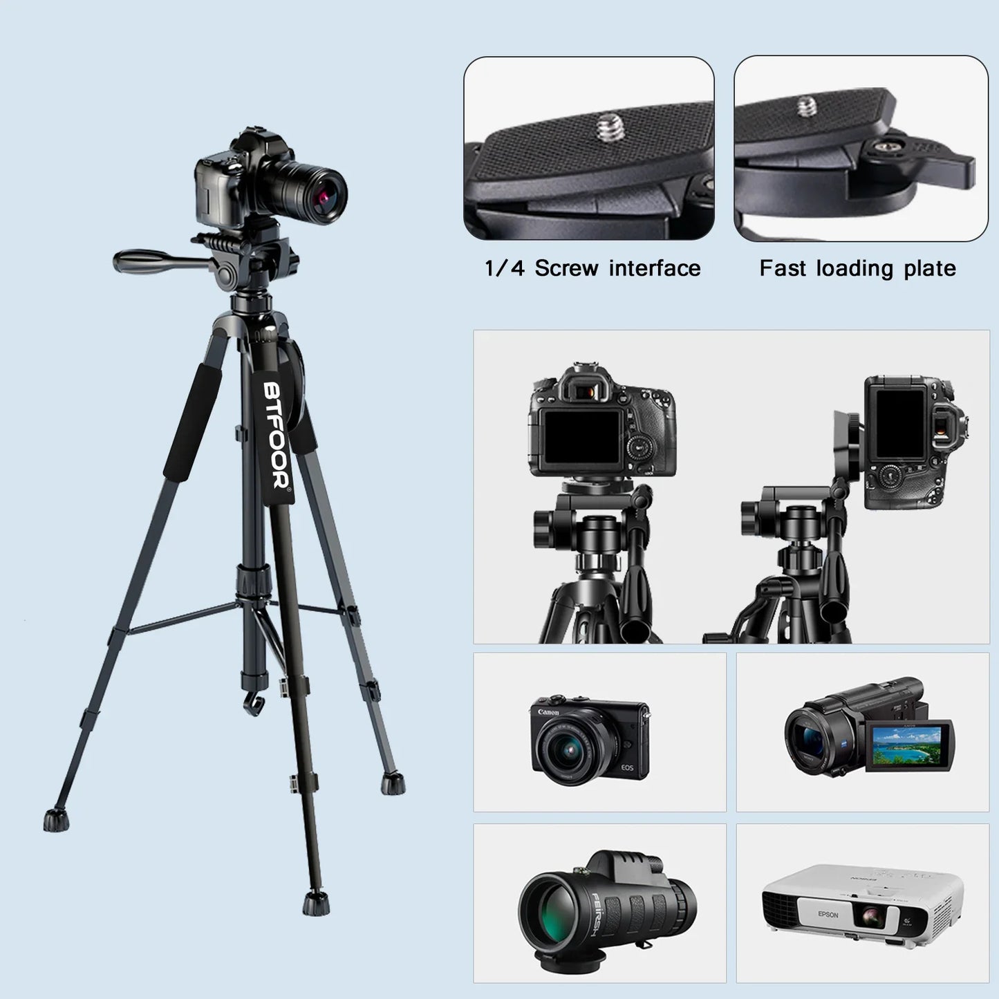 55" Aluminum Travel Tripod – 140CM Tall Stand with Quick Release Plate & Pan Head for Phone, Canon, Nikon, DSLR, SLR Cameras