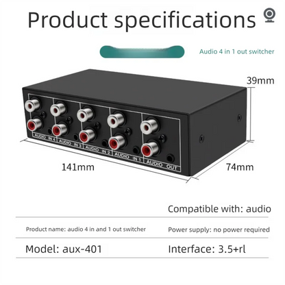 4-in-1 RCA AUX Audio Switcher - Passive Stereo Input Selector Box with 3.5mm & L/R RCA Output