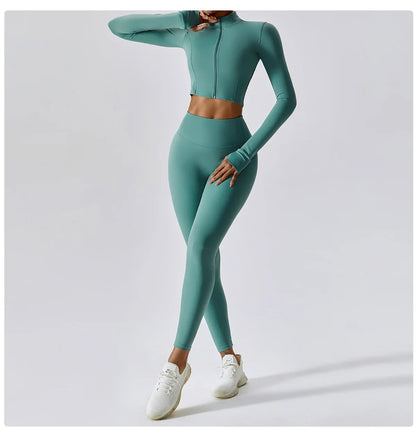 3PCS Women’s Yoga & Workout Set – Long Sleeve Zipper Top with High Waist Leggings Fitness Sportswear