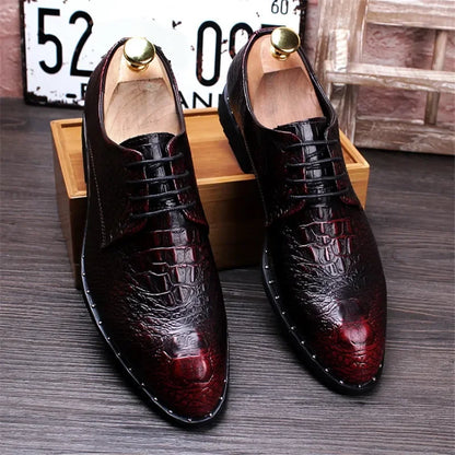 Men’s Alligator Grain Leather Oxford Shoes - Pointed Toe Lace-Up Business & Casual Dress Shoes for Office and Formal Wear