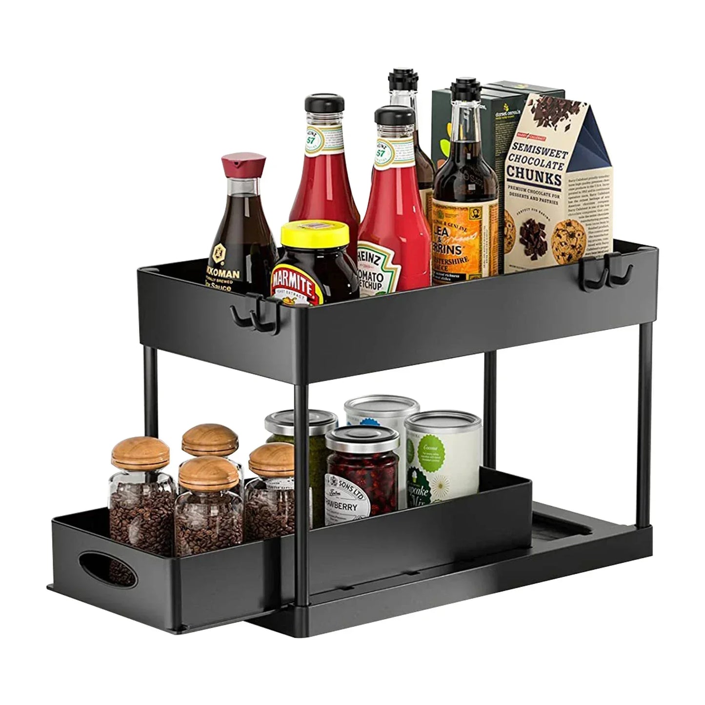 2-Tier Under Sink Sliding Cabinet Organizer — Basket Storage Rack with Hooks for Bathroom & Kitchen