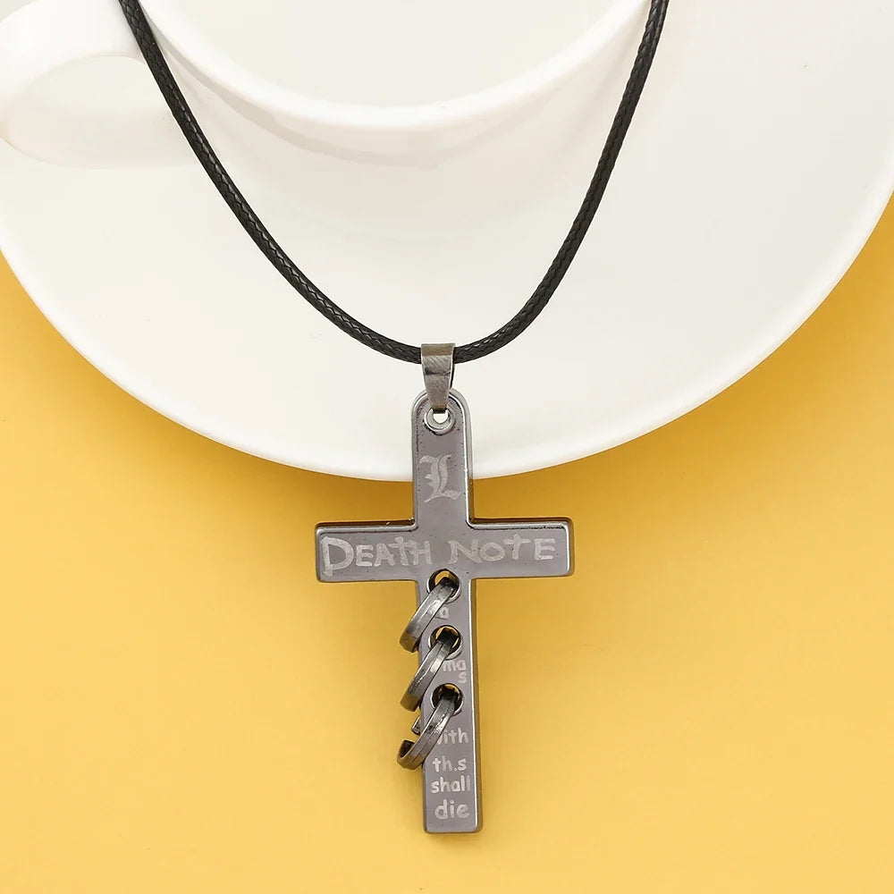 Death Note L Logo Pendant Necklace - Black Rope Leather Gothic Choker for Men and Women