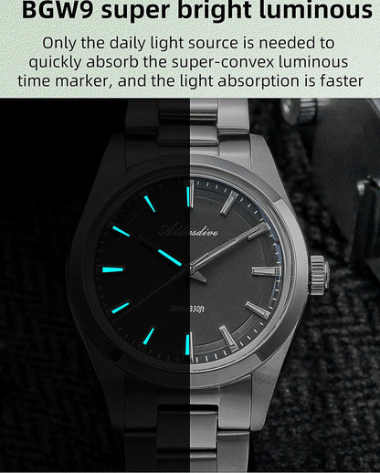 ADDIESDIVE Men's Luxury Quartz Watch – VH31, 100m Waterproof, Green AR Coating, Luminous, 316L Stainless Steel, 36mm