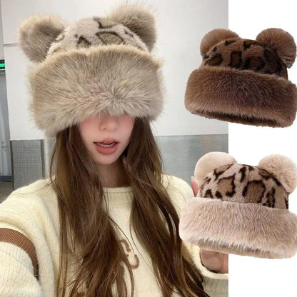 Retro Leopard Print Plush Cat Ear Beanie – Thick Warm Fur Hat for Women, Windproof & Fluffy Winter Snow Cap
