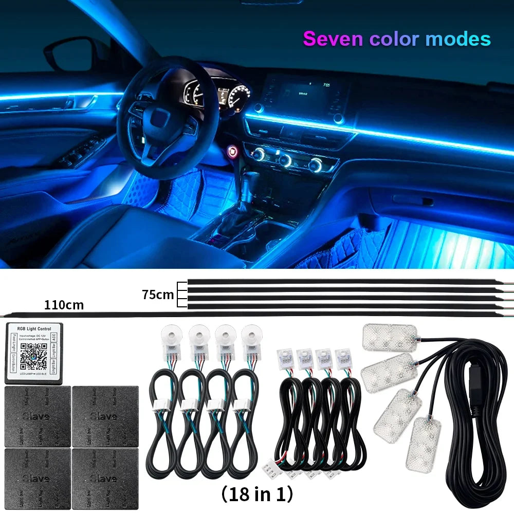 14/18 in 1 RGB LED Car Ambient Light - Acrylic APP Controlled Interior Atmosphere Lamp Kit with 64/213 Colors for One & Dual Zone Lighting