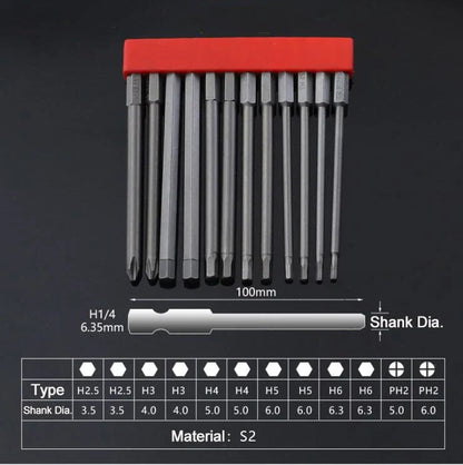 12Pcs 1/4 Inch Magnetic Screwdriver Bits - 50mm 75mm 100mm Long Power Tool Bit Set