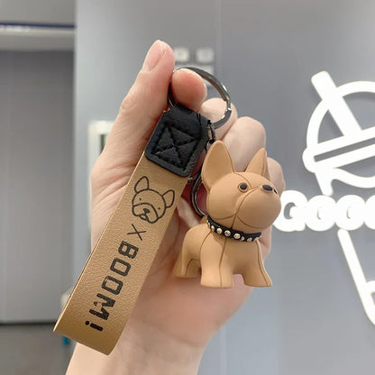 French Bulldog Keychain - Punk Style PU Leather Bag Pendant for Women & Men, Car Key Ring