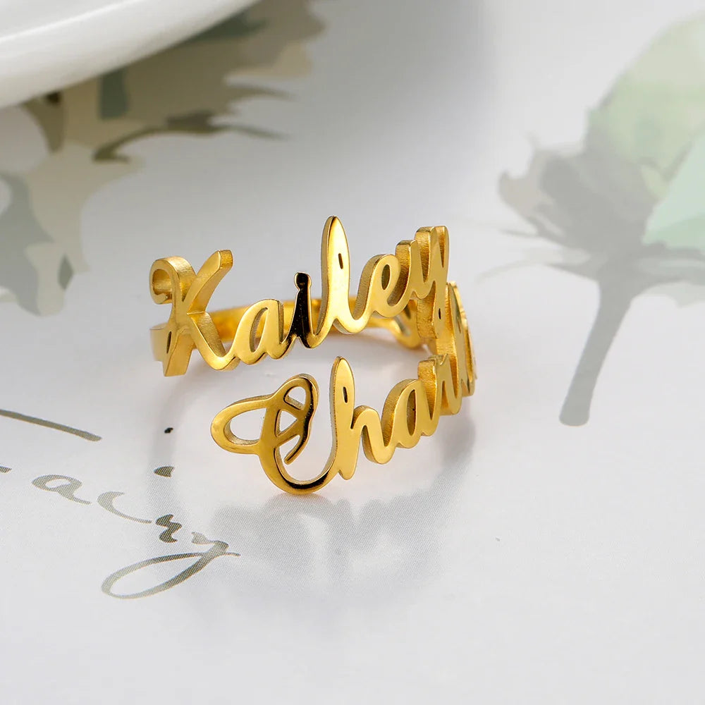 Custom Fishhook Double Name Finger Ring - Personalized Family & Couple Love Gift for Women & Men, Gold Stainless Steel Jewelry