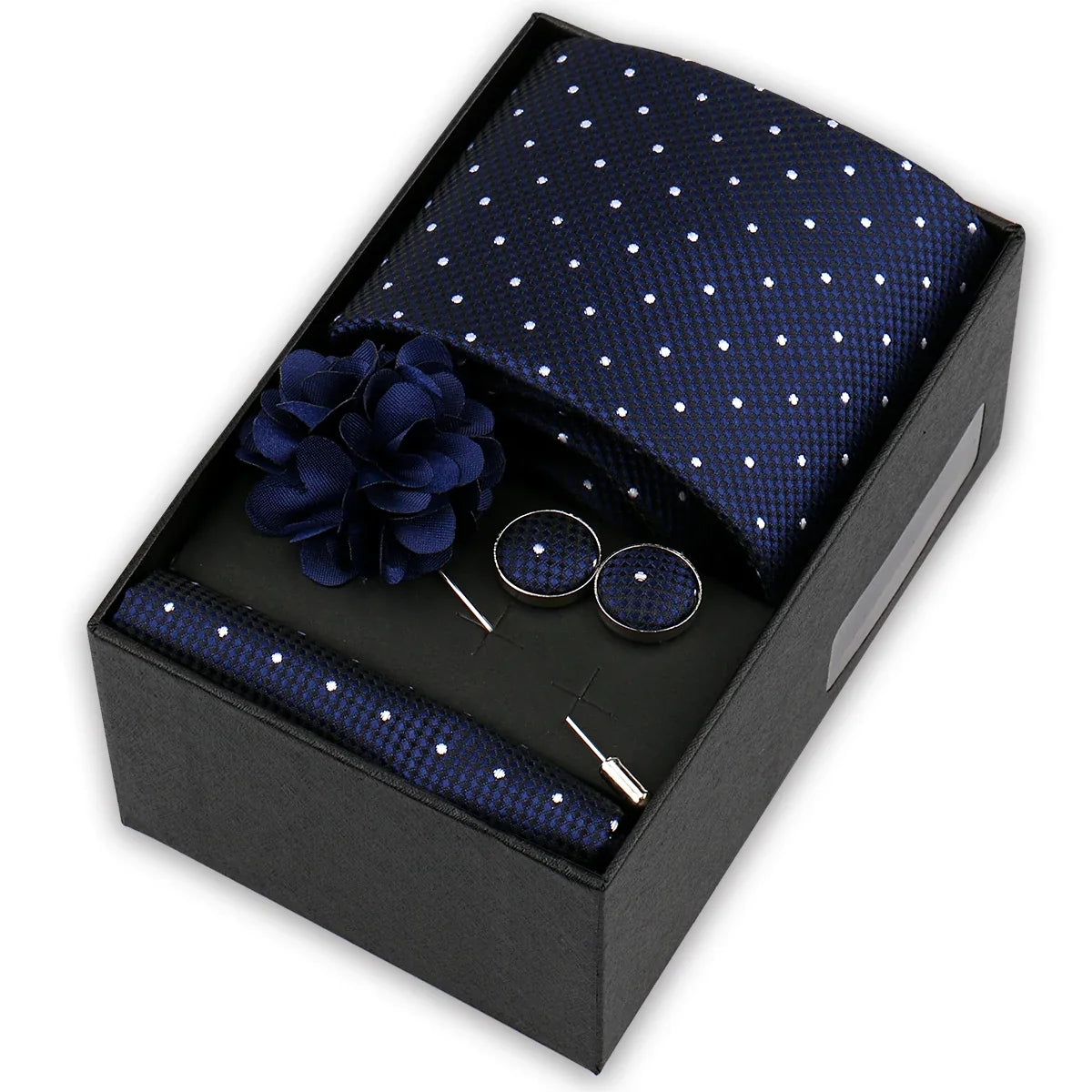 Men’s 4-Piece Tie Set Gift Box - Elegant Necktie with Handkerchief, Cufflinks & Brooch for Business, Wedding & Suit Accessories