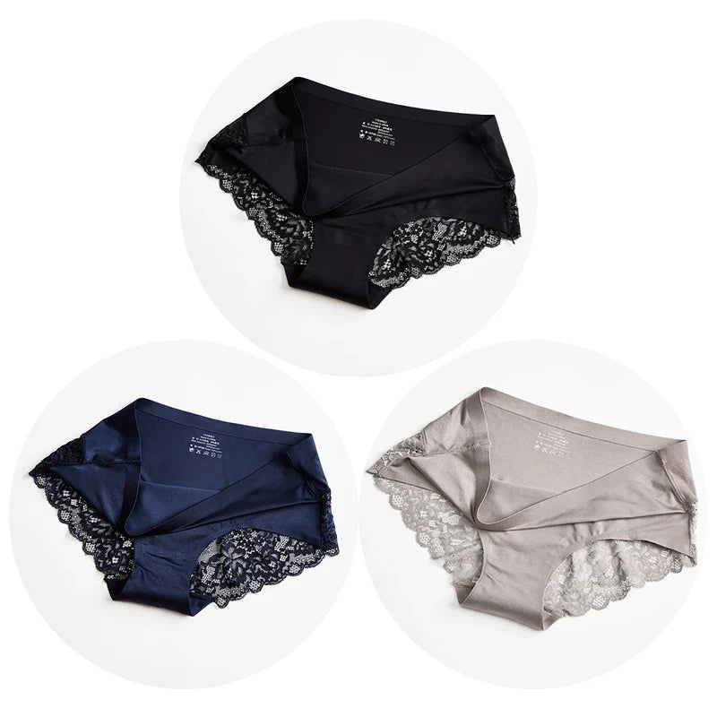 Women’s Lace Panties 3PCS Set - Soft Satin Briefs Sexy Lingerie Underwear Plus Size Comfort Fit
