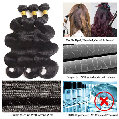 38 40 Inch Loose Body Wave Brazilian Hair Bundles – 1/3/4 PCS Water Wave Raw Human Hair Extensions, Black