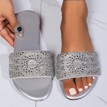Women’s Silver Crystal Flat Slippers – Plus Size Comfortable Summer Beach Shoes