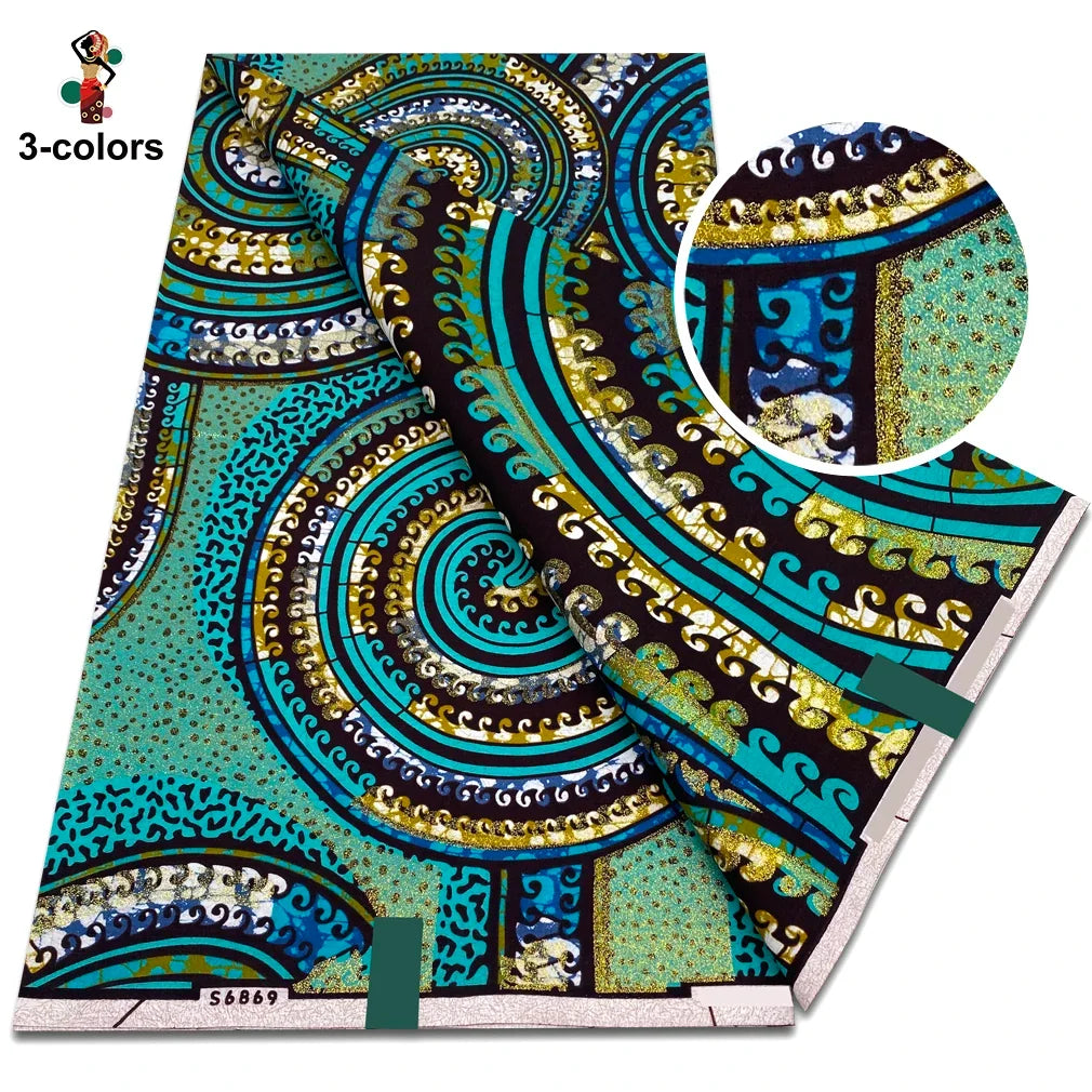African Glitter Glam Wax Fabric - 100% Cotton Golden Ankara Print 6 Yards