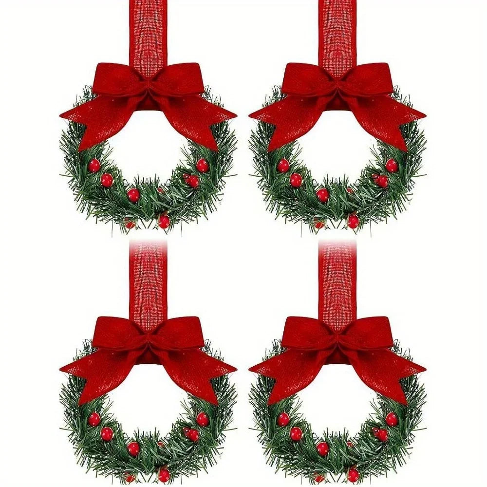 Set of 4 Mini Christmas Wreaths with Ribbon Bows & Red Berry Accents – Festive Window & Home Party Decorations