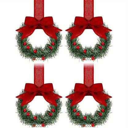 Set of 4 Mini Christmas Wreaths with Ribbon Bows & Red Berry Accents – Festive Window & Home Party Decorations
