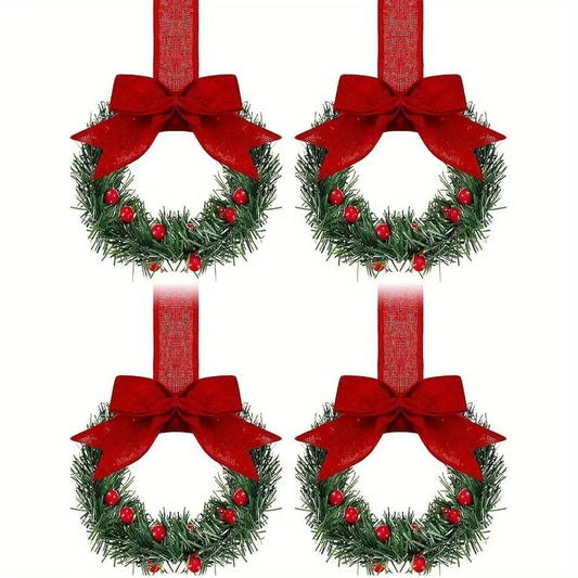 Set of 4 Mini Christmas Wreaths with Ribbon Bows & Red Berry Accents – Festive Window & Home Party Decorations