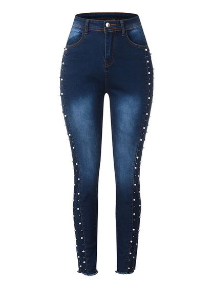 Women’s High Waist Slimming Jeans - Hip Lifting Stretch Pencil Denim Pants with Diamond Bead Fashion Detail